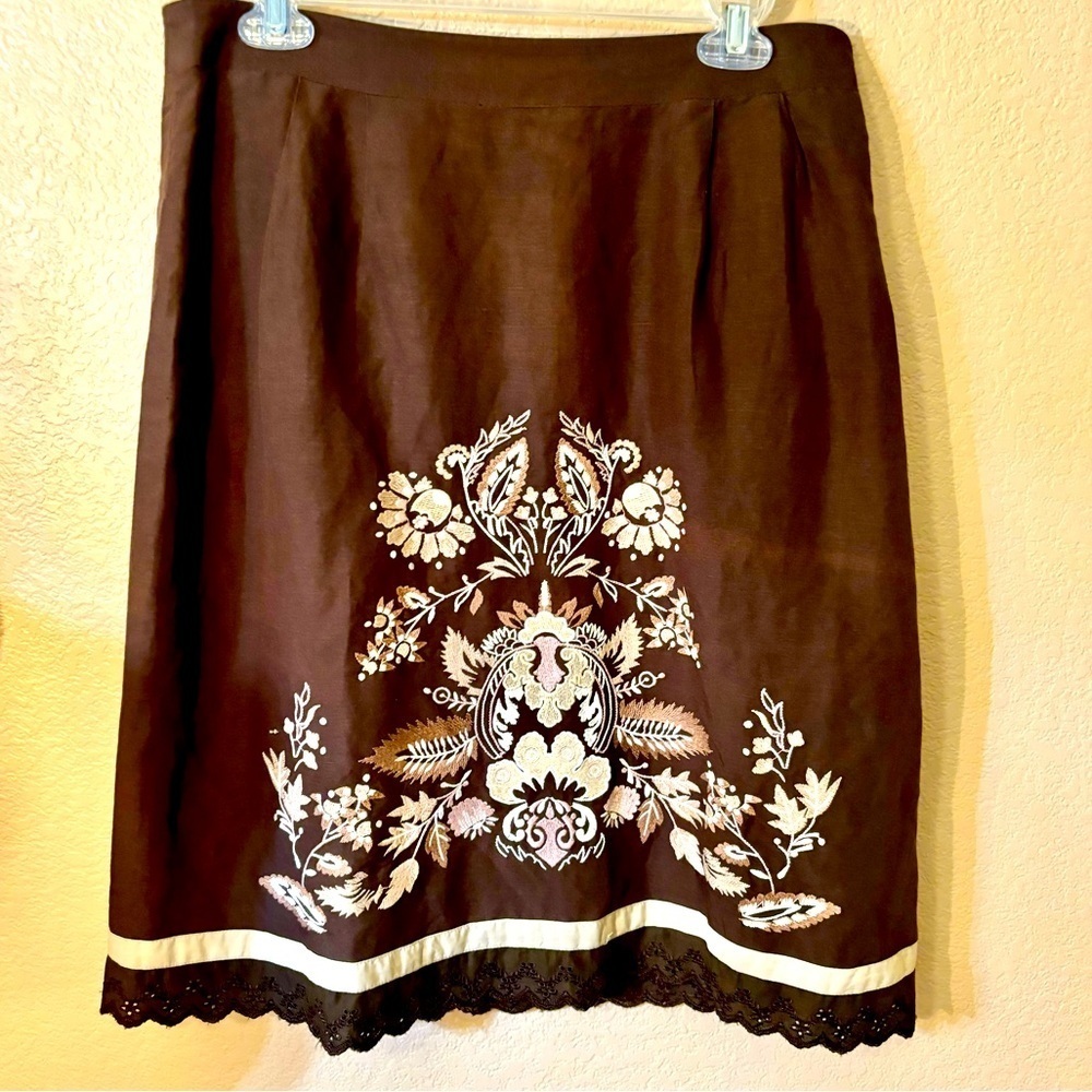 LOFT Dark Brown Midi Skirt with White Floral Embroidery